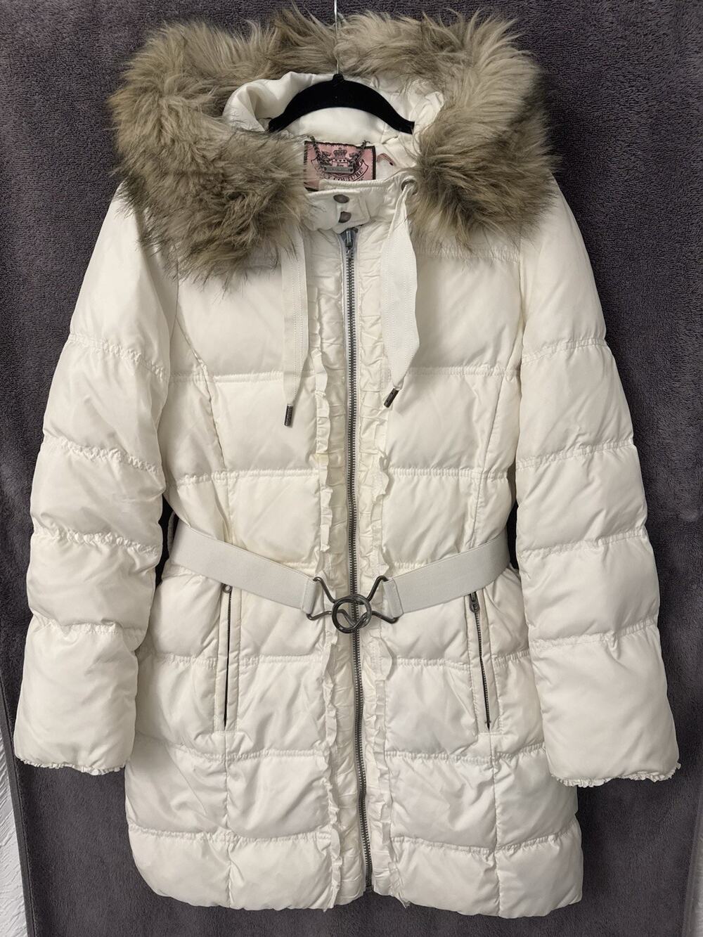 Juicy Couture White Puffer Coat Vintage Buckled Waist Faux Fur Winter Snow Y2K